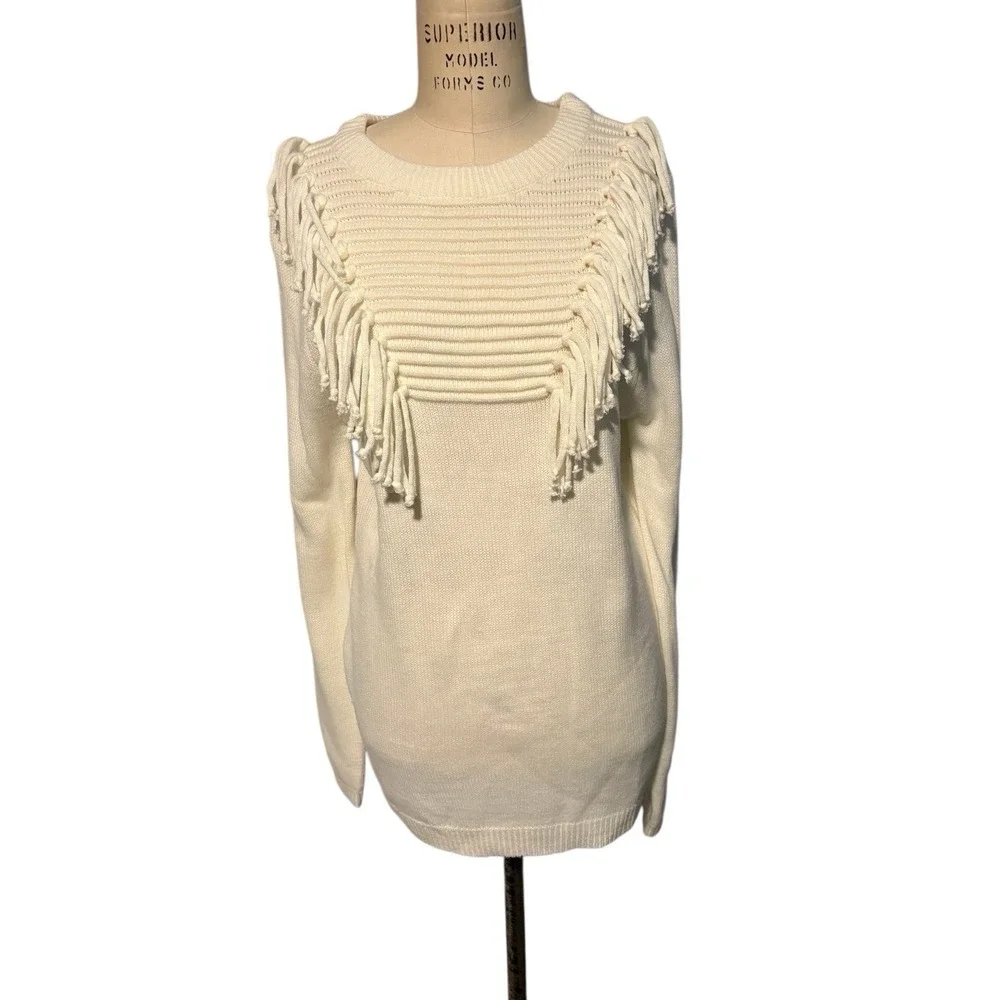 Cream Fringe Knit Sweater Women's Large Boho Western Pullover Top Long‎ Layering